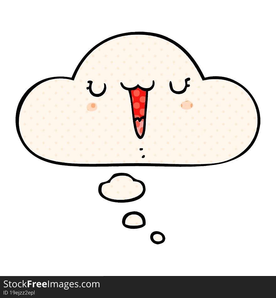 cute happy cartoon face with thought bubble in comic book style