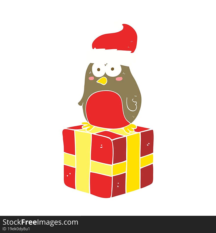 flat color illustration of a cartoon robin on present