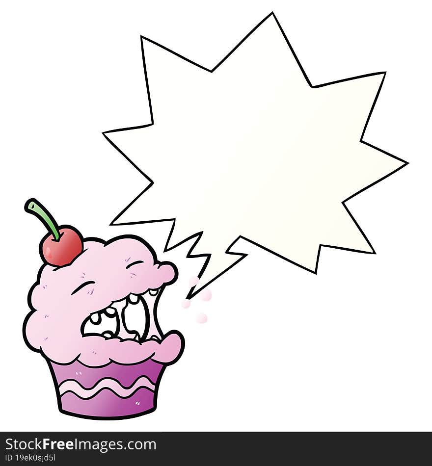 funny cartoon cupcake and speech bubble in smooth gradient style