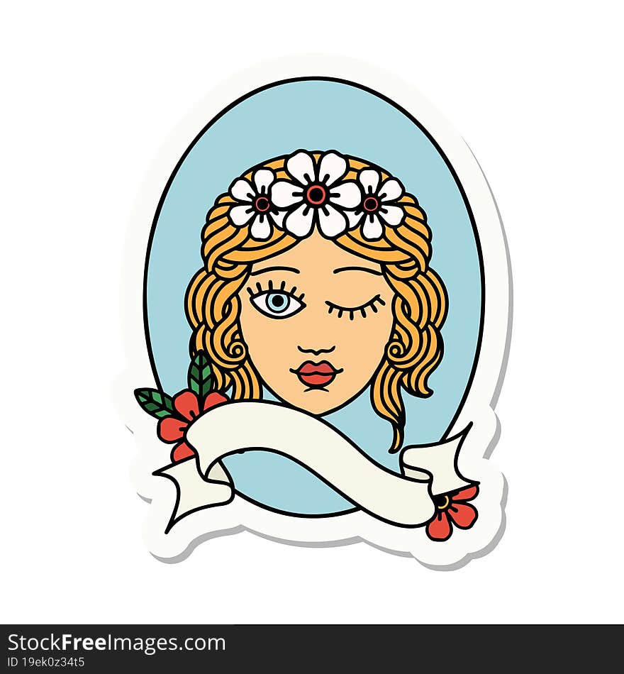 tattoo sticker with banner of a maiden with crown of flowers winking