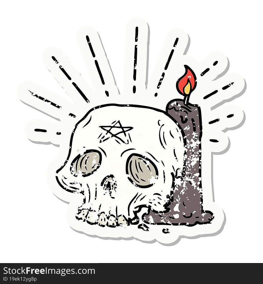 grunge sticker of tattoo style spooky skull and candle