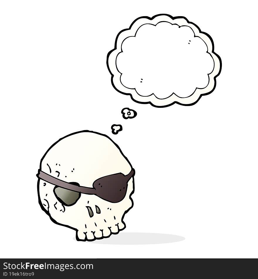 cartoon skull with eye patch with thought bubble