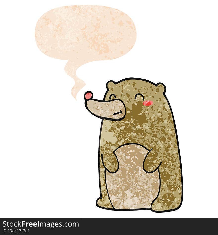 cute cartoon bear and speech bubble in retro textured style