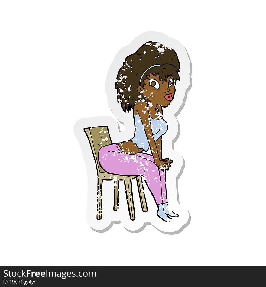 Retro Distressed Sticker Of A Cartoon Woman Posing On Chair