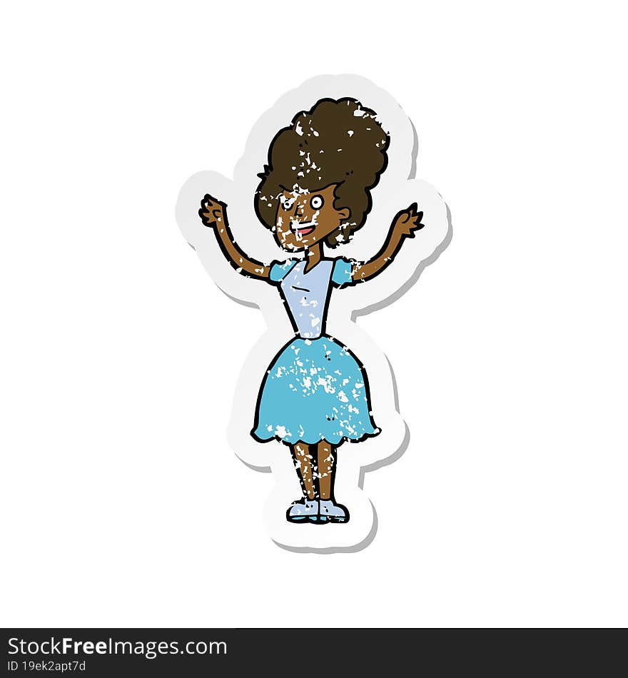 retro distressed sticker of a cartoon happy 1950s woman