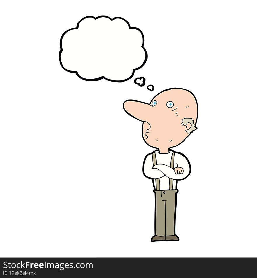 cartoon old man with folded arms with thought bubble