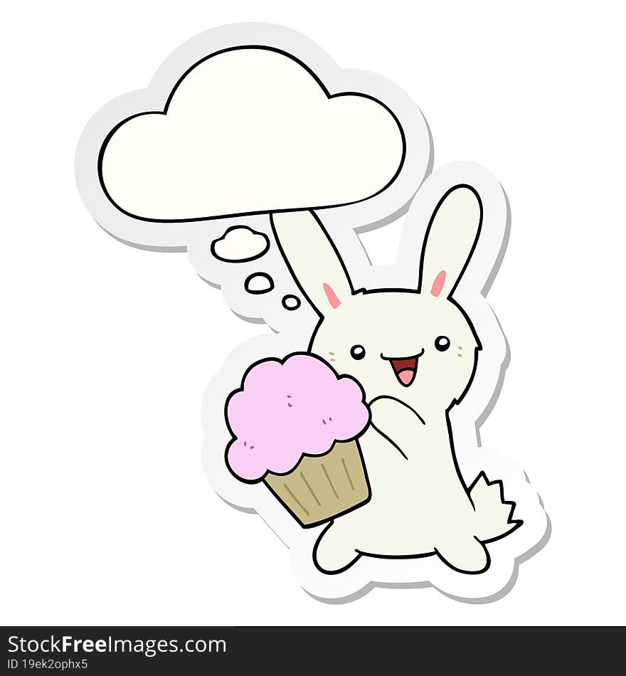 cute cartoon rabbit with muffin and thought bubble as a printed sticker