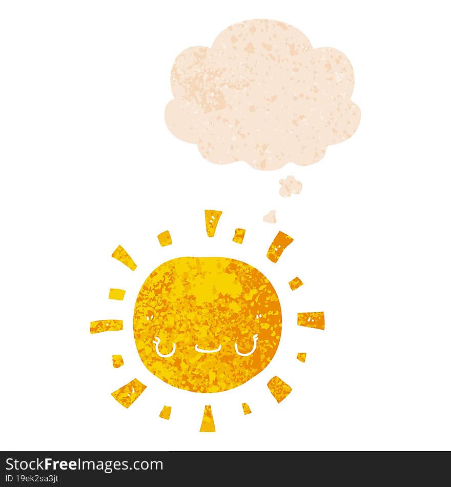 cartoon sun and thought bubble in retro textured style