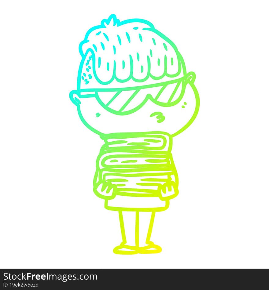 cold gradient line drawing cartoon boy wearing sunglasses with stack of books