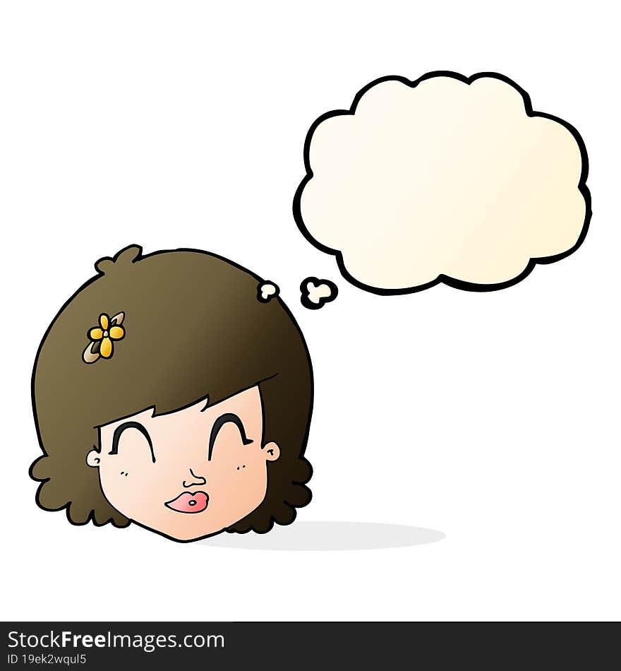 cartoon happy female face with thought bubble