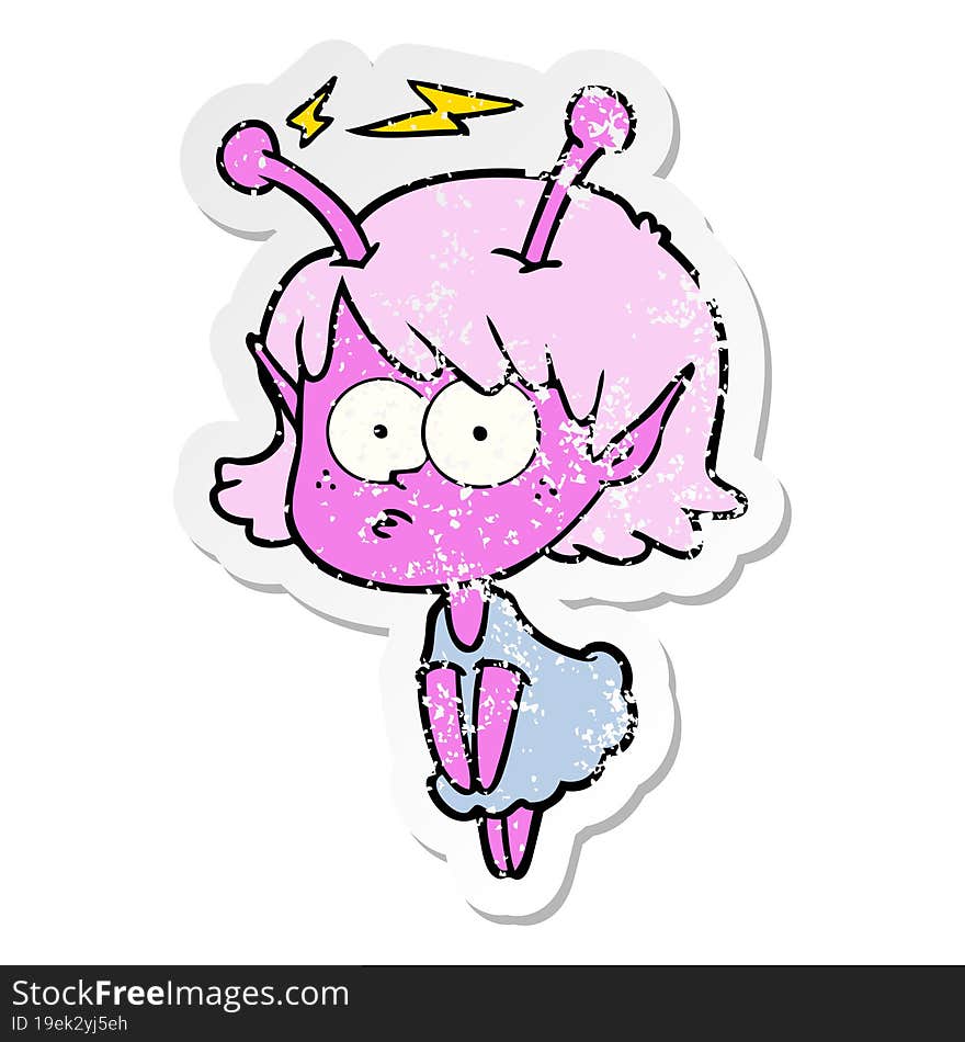 distressed sticker of a cartoon alien girl