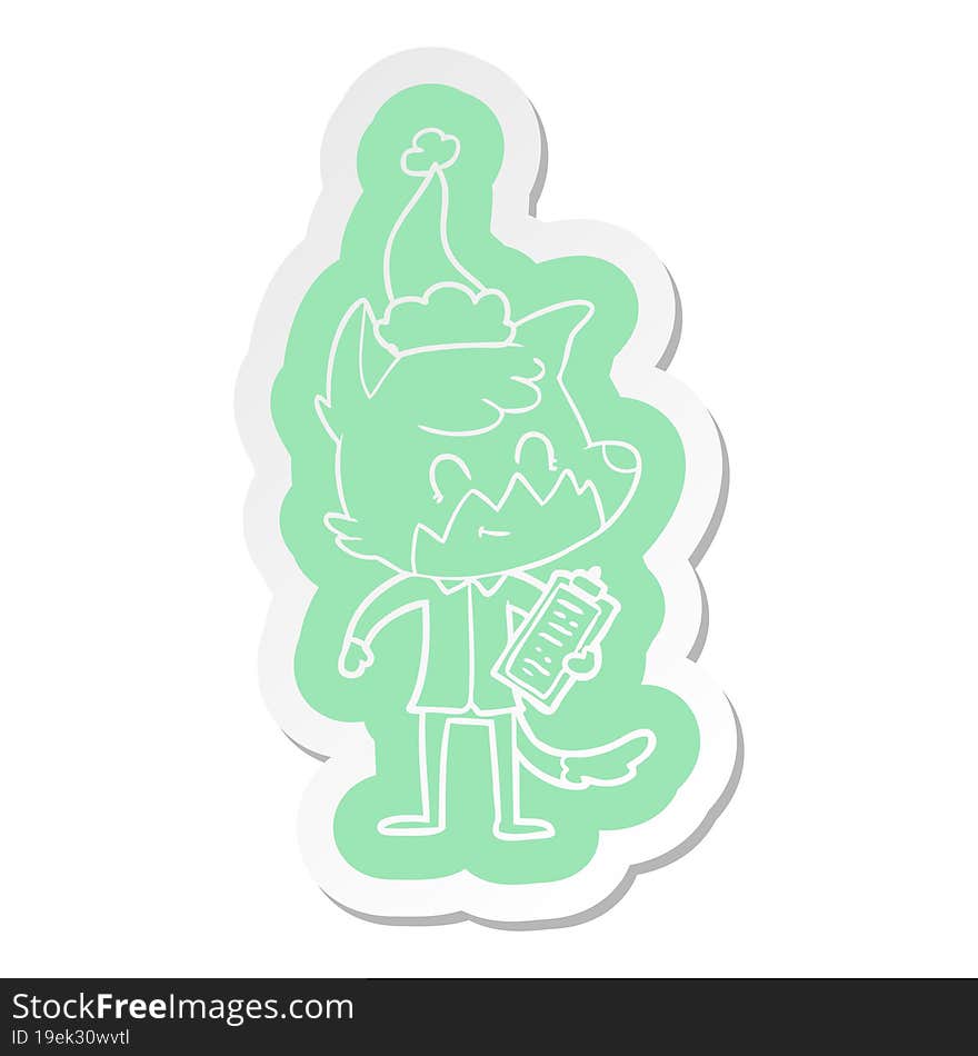 cartoon  sticker of a friendly fox manager wearing santa hat