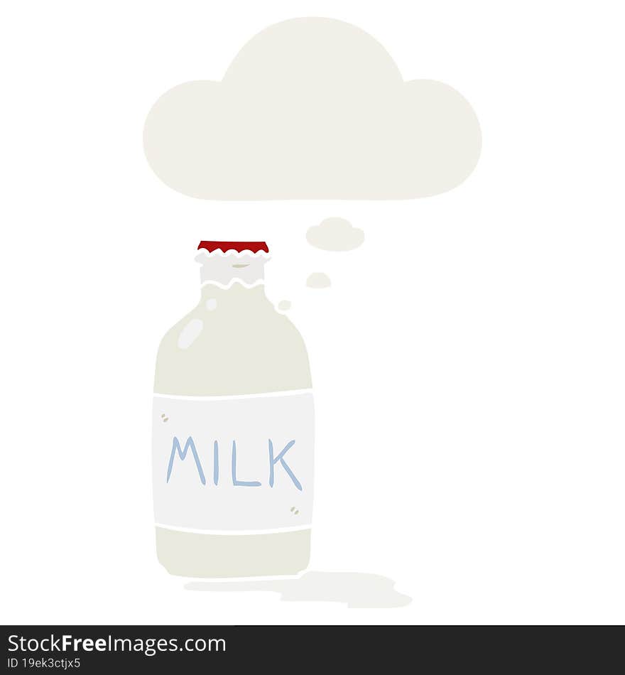 cartoon milk bottle and thought bubble in retro style