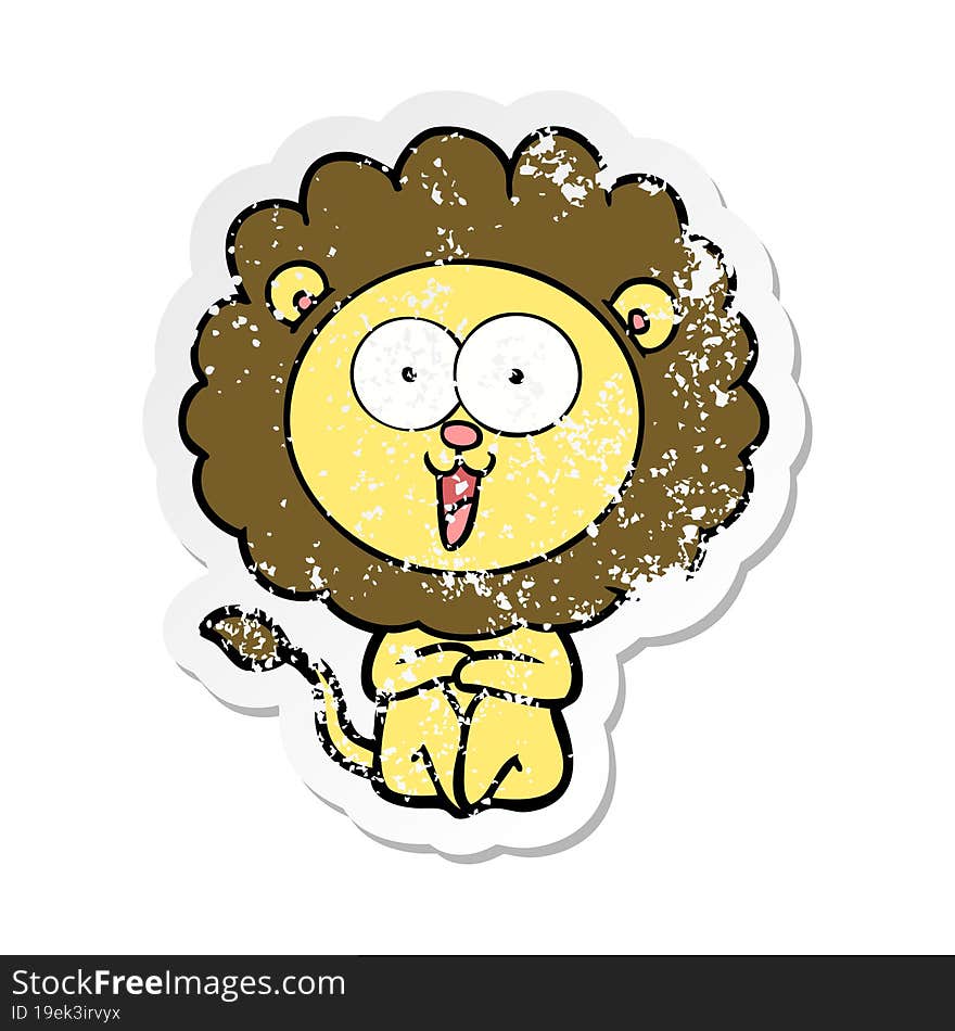 distressed sticker of a happy cartoon lion