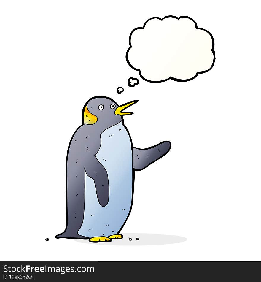 cartoon penguin waving with thought bubble