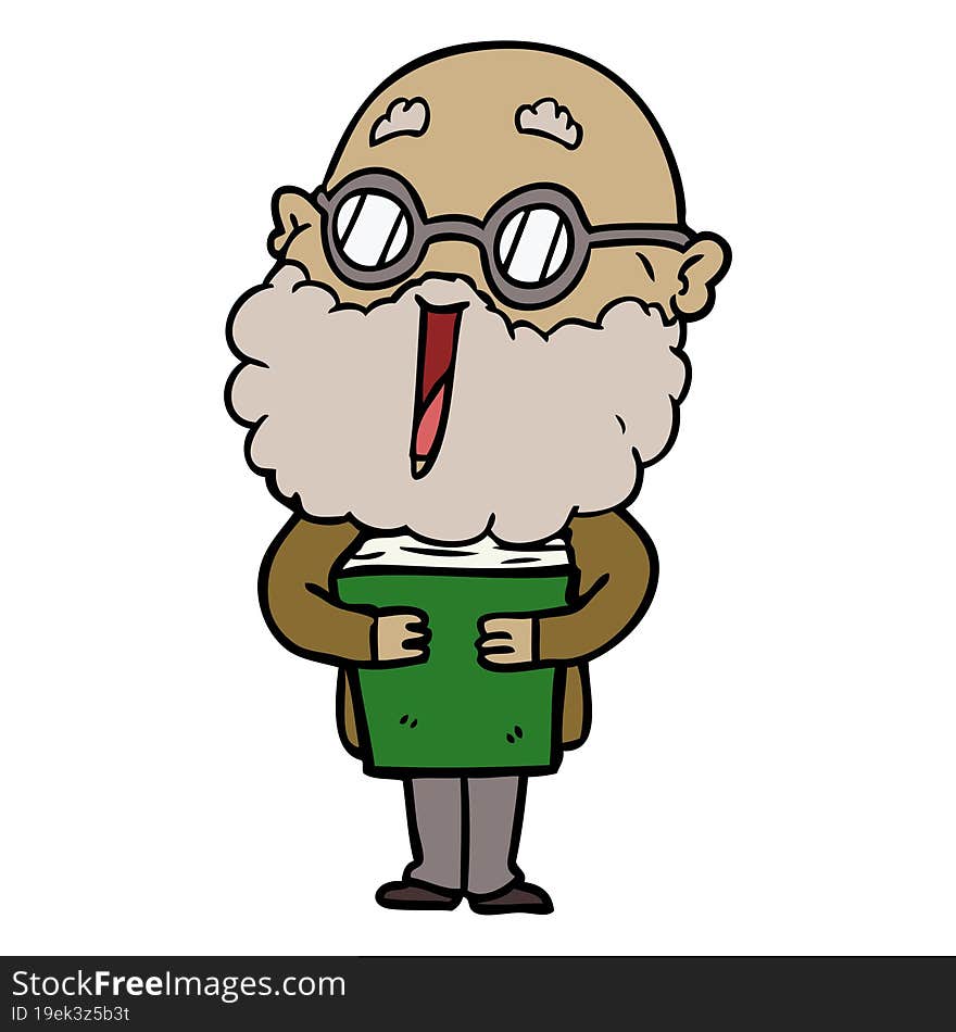 cartoon joyful man with beard and book. cartoon joyful man with beard and book