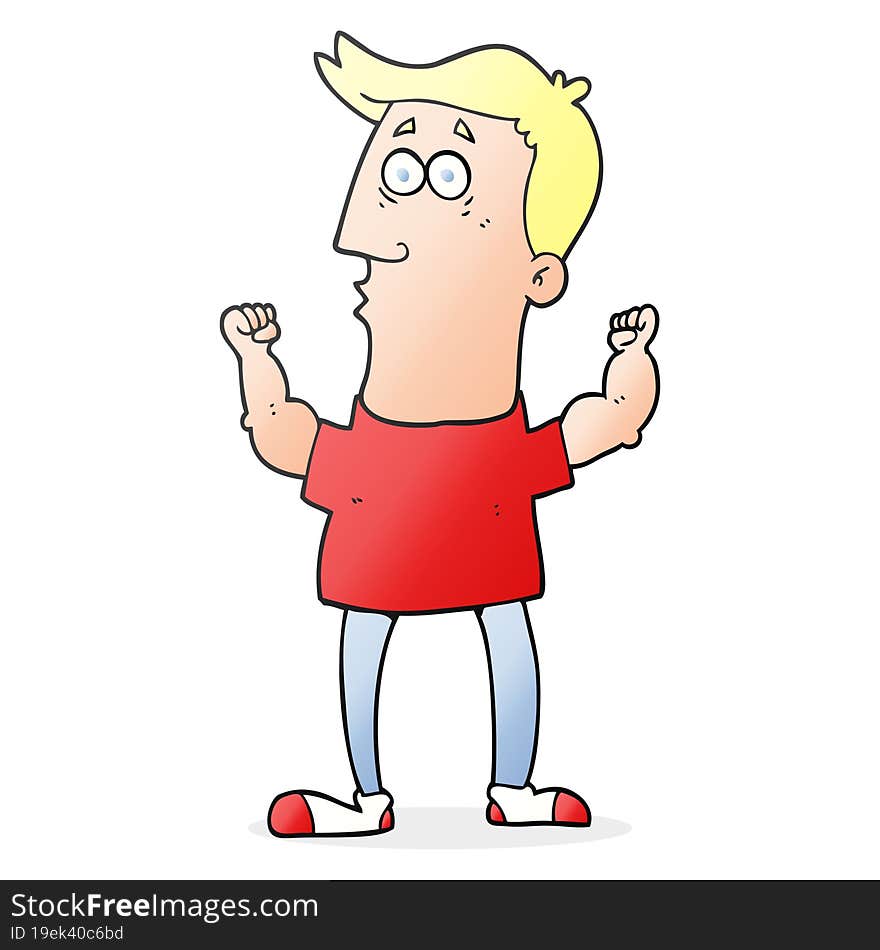 cartoon surprised man flexing biceps