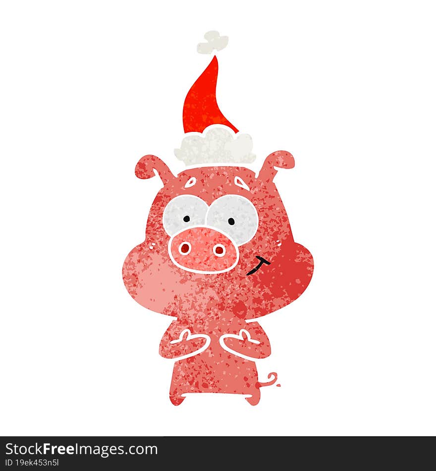 happy retro cartoon of a pig wearing santa hat