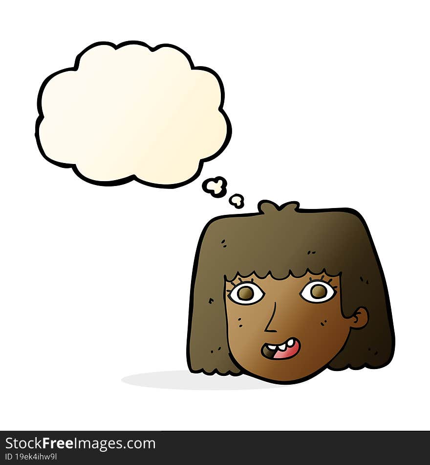 cartoon happy female face with thought bubble