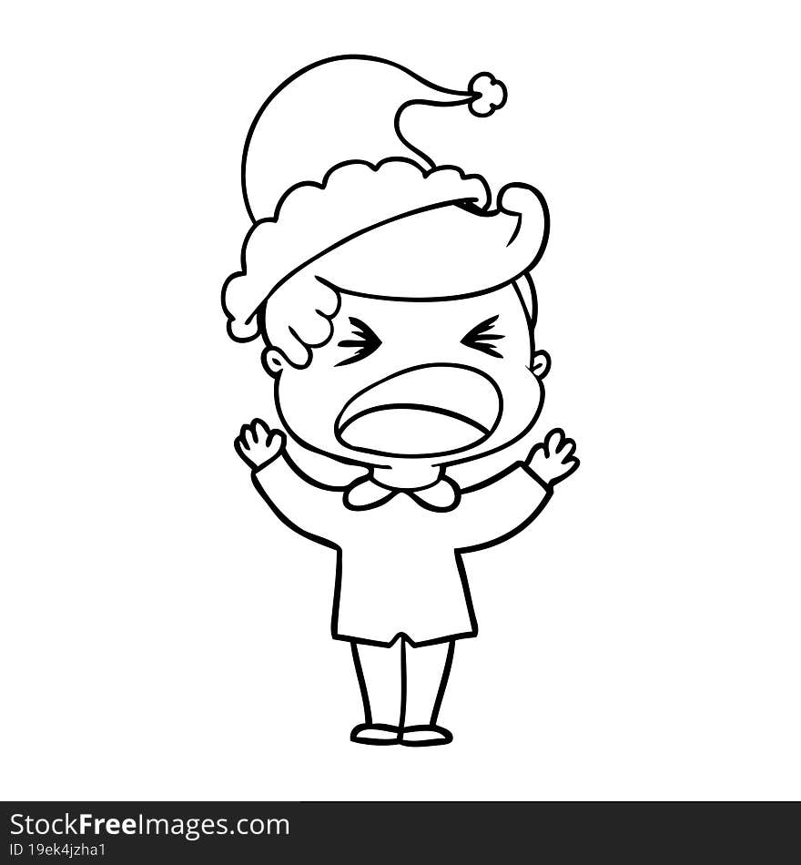 Line Drawing Of A Shouting Man Wearing Santa Hat