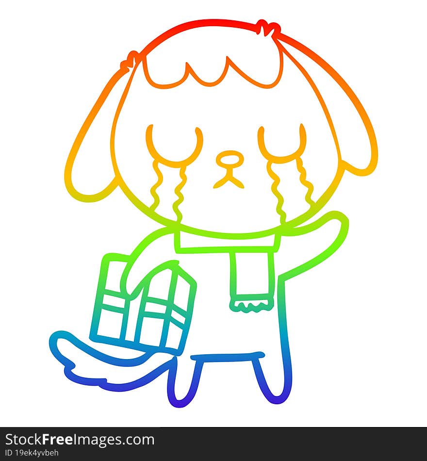 rainbow gradient line drawing of a cute cartoon dog crying