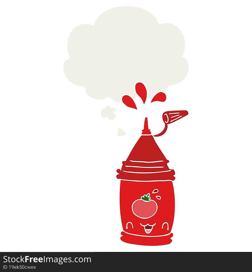 cartoon ketchup bottle and thought bubble in retro style