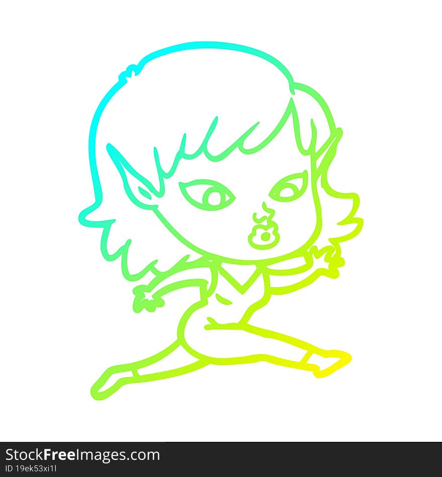 cold gradient line drawing of a pretty cartoon elf girl running