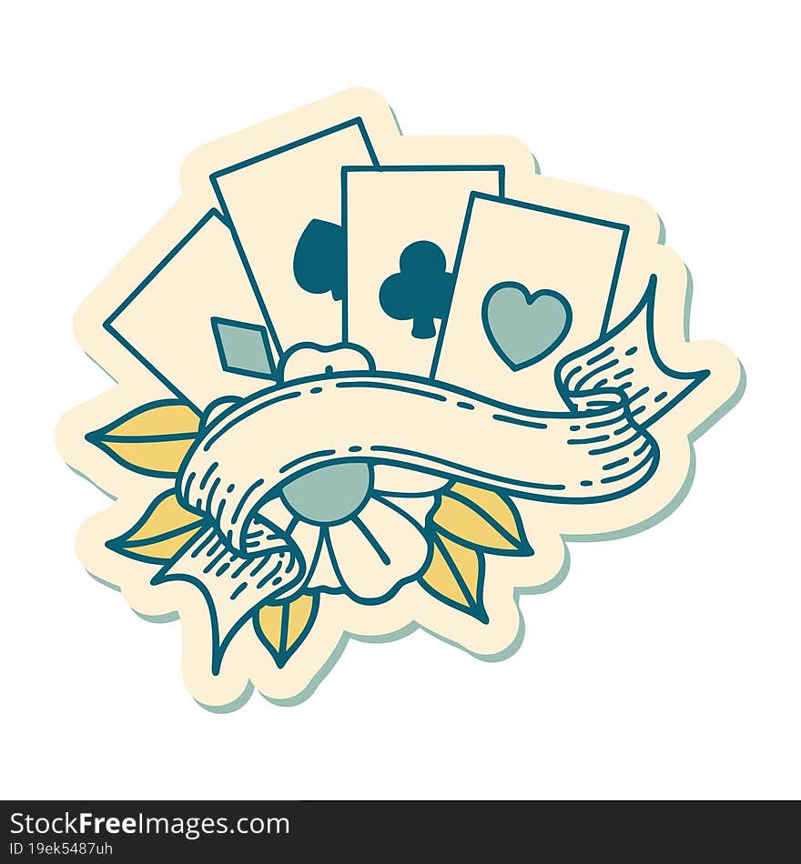 tattoo style sticker of cards and banner