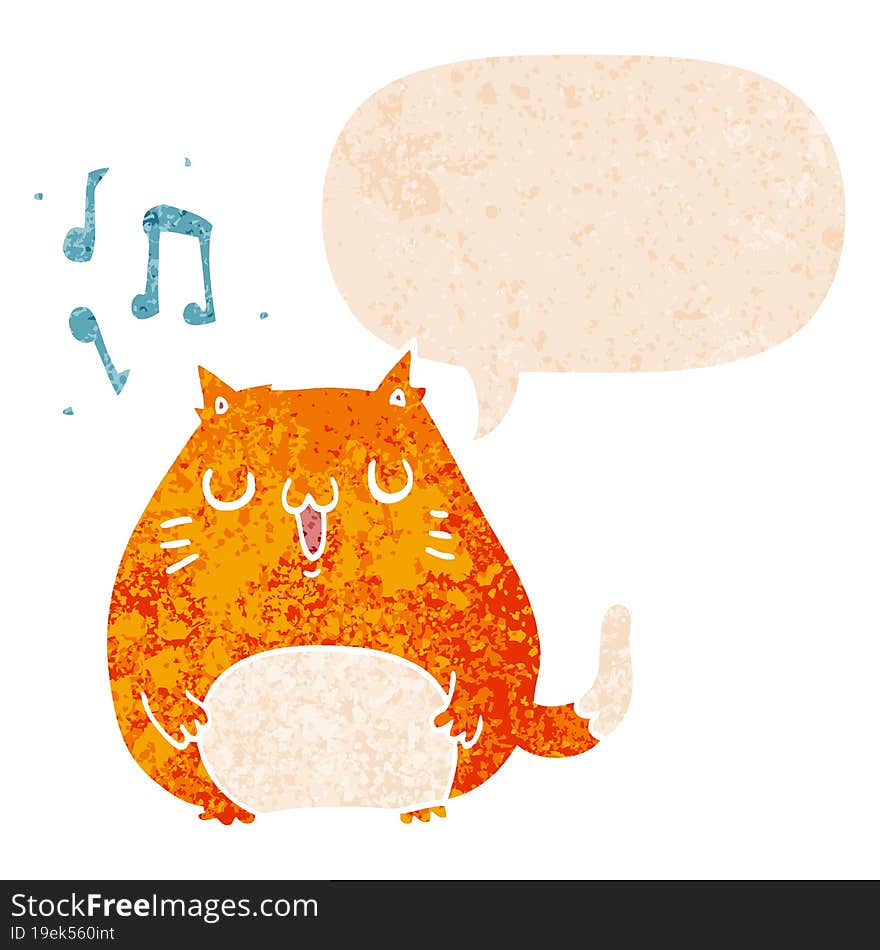 Cartoon Cat Singing And Speech Bubble In Retro Textured Style