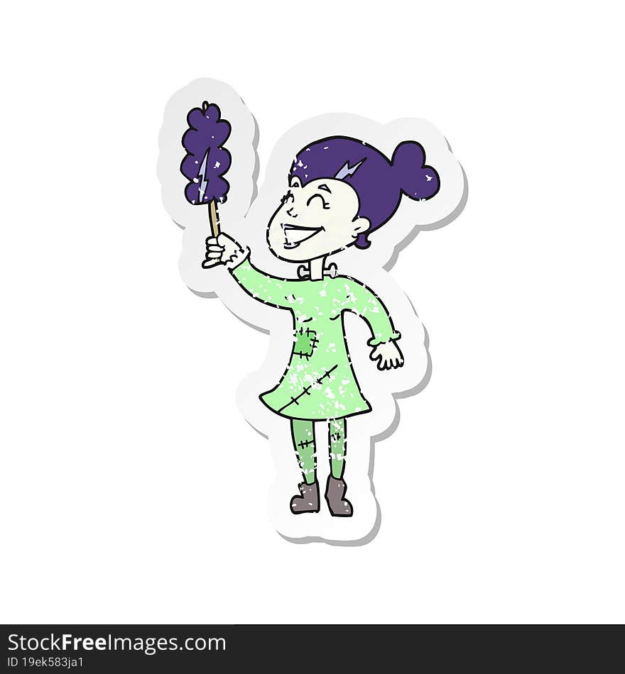 retro distressed sticker of a cartoon undead monster lady cleaning