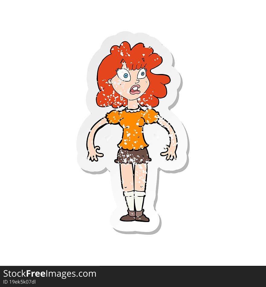 Retro Distressed Sticker Of A Cartoon Pretty Girl With Shocked Expression