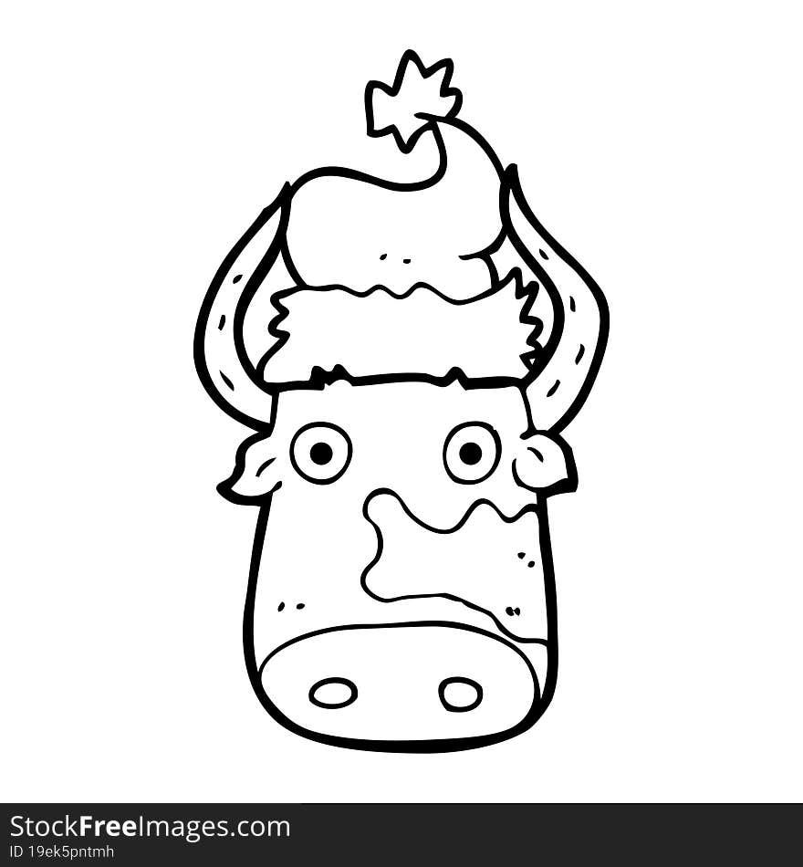 black and white cartoon cow wearing christmas hat