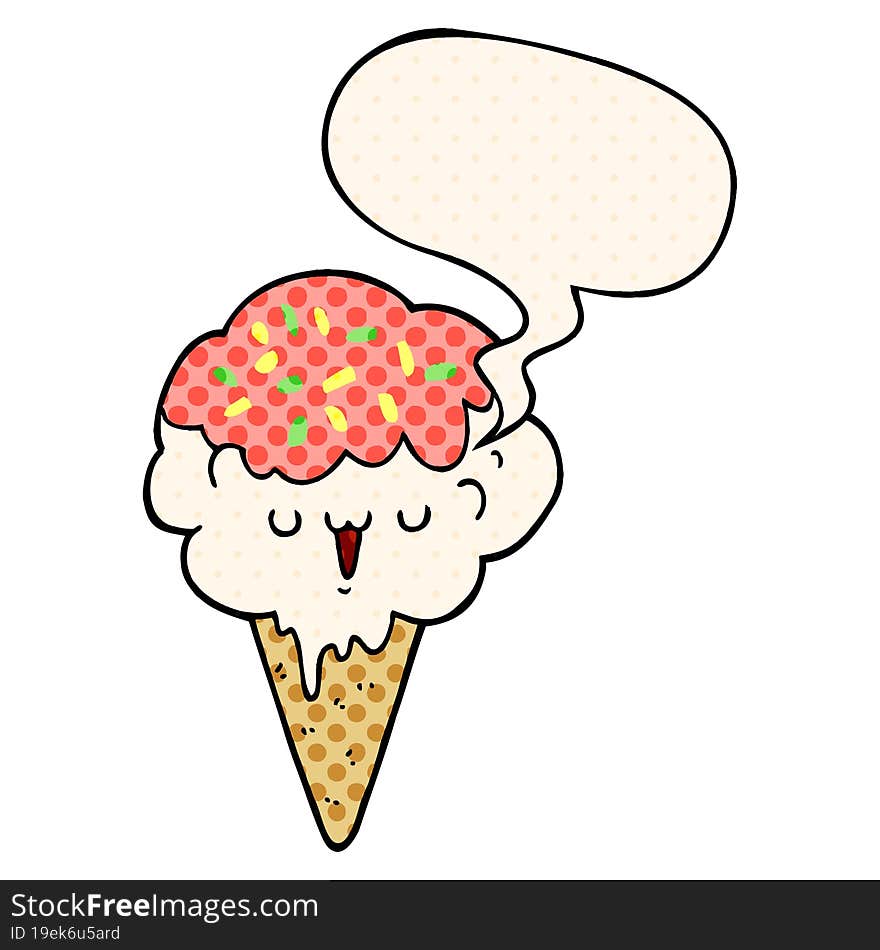 cartoon ice cream and speech bubble in comic book style