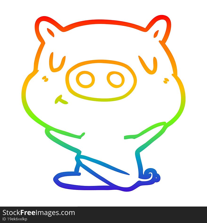 rainbow gradient line drawing of a cartoon content pig