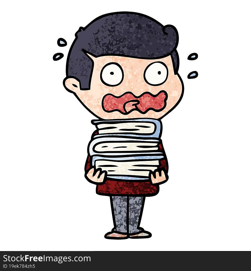 cartoon man with books totally stressed out. cartoon man with books totally stressed out