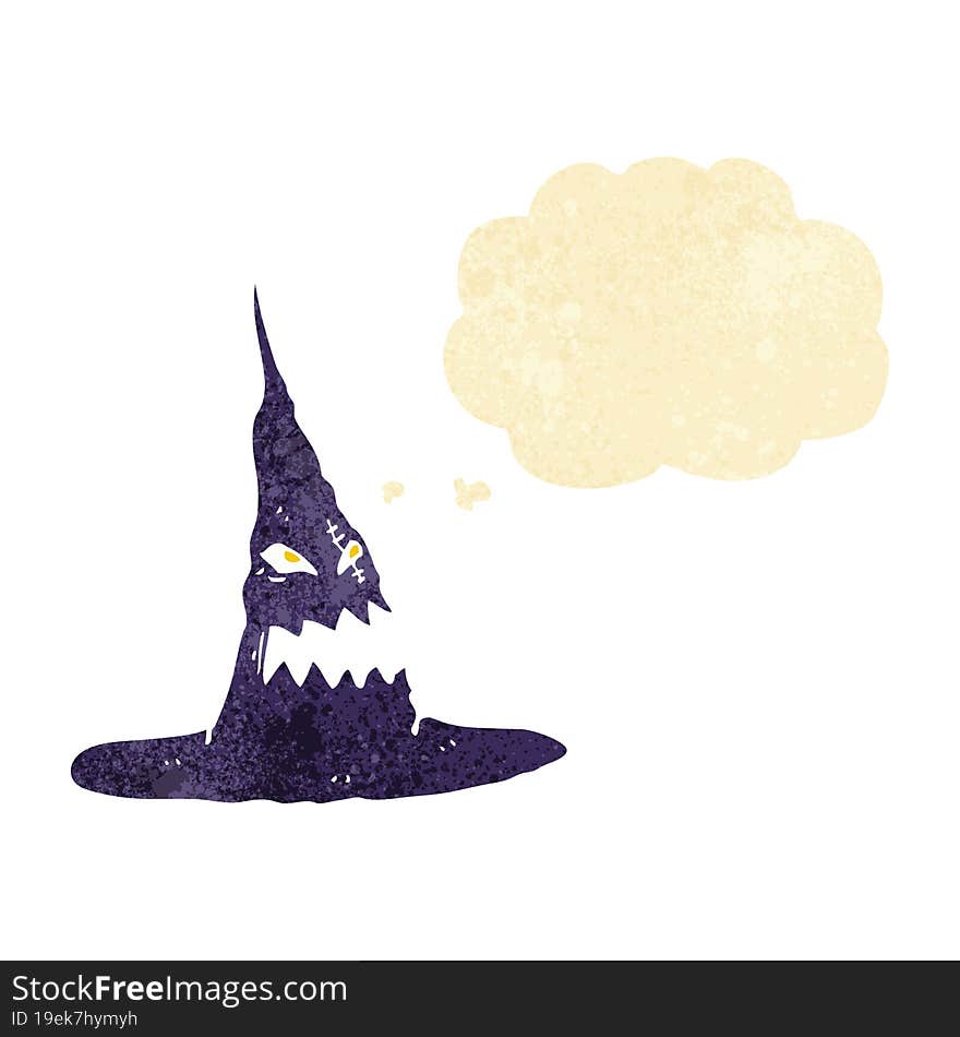 cartoon spooky witches hat with thought bubble