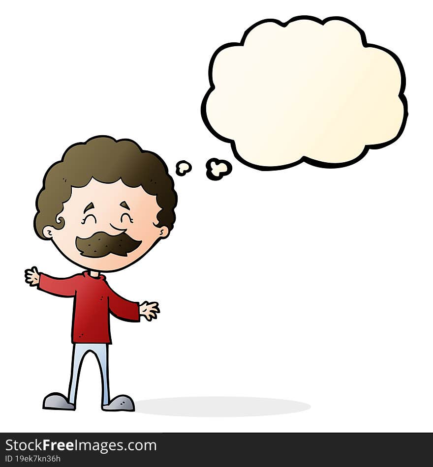 cartoon happy man with mustache with thought bubble