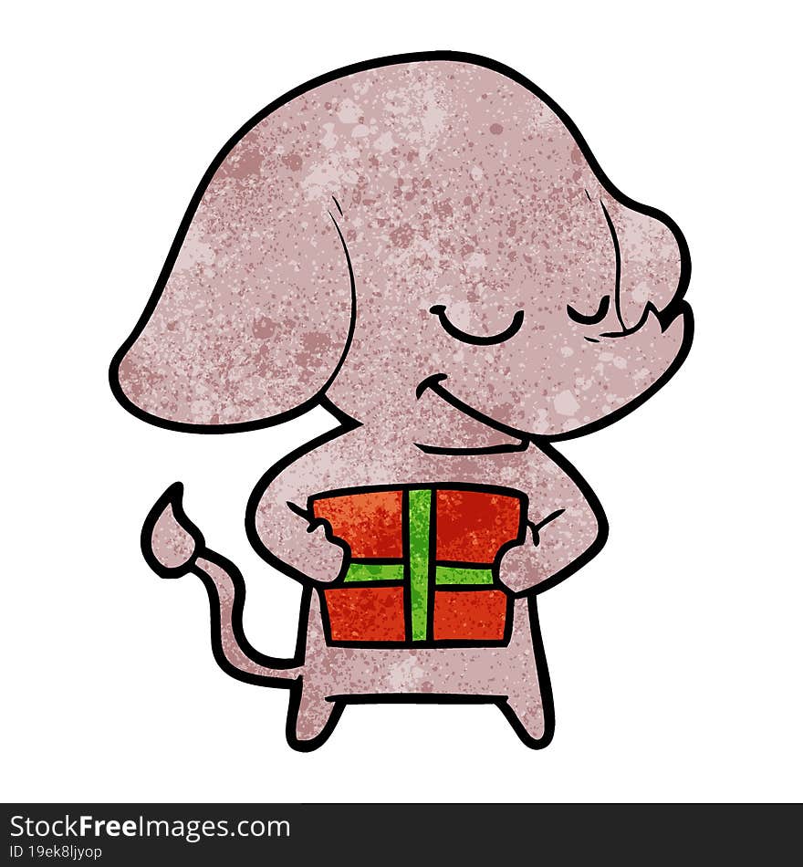 cartoon smiling elephant with present. cartoon smiling elephant with present