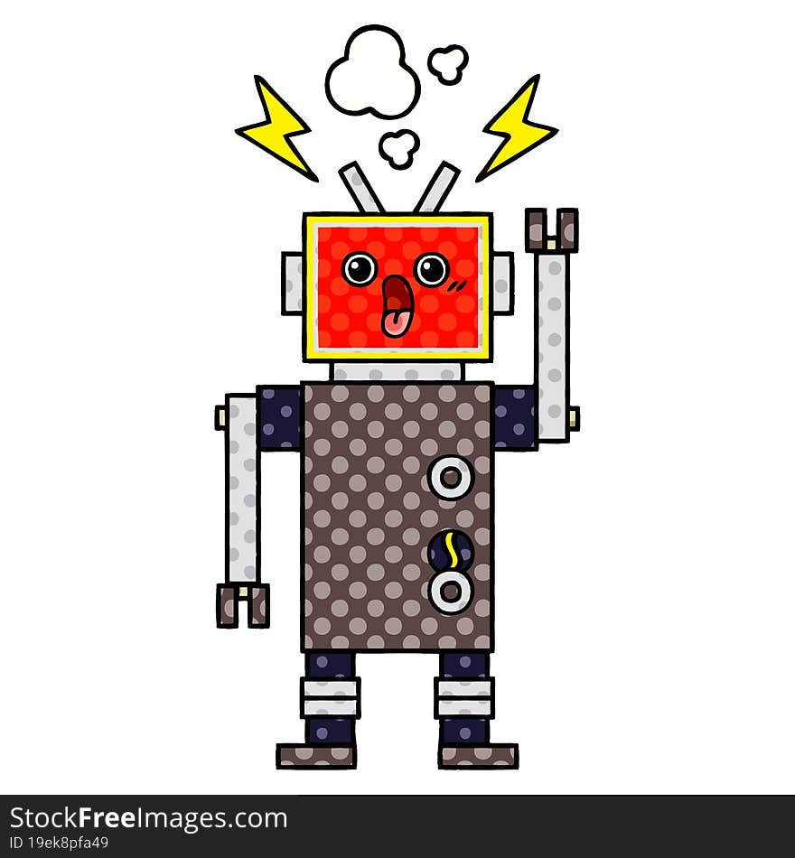 comic book style cartoon of a robot malfunction