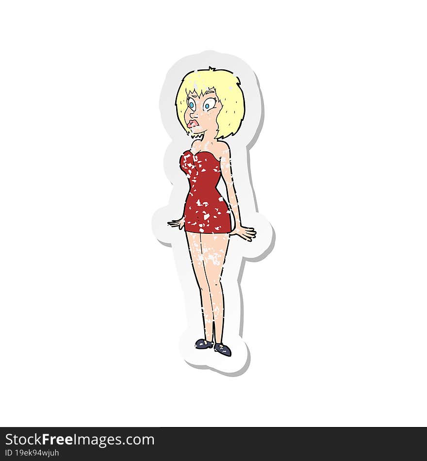 retro distressed sticker of a cartoon surprised woman in short dress