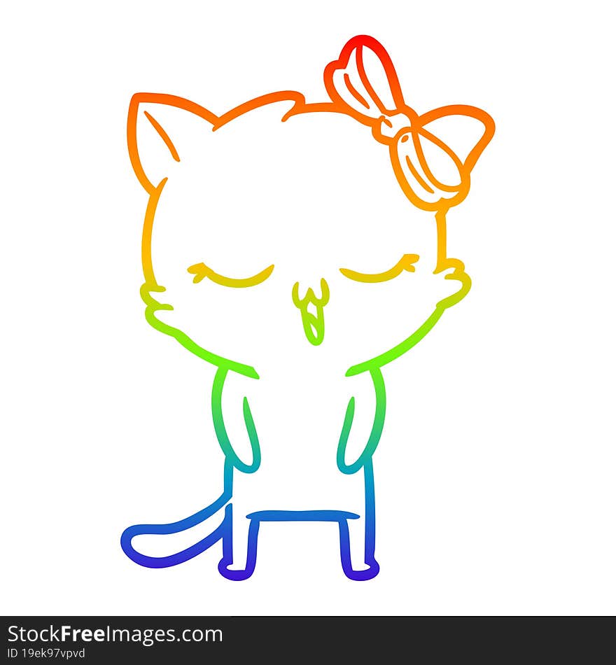 rainbow gradient line drawing cartoon cat with bow on head