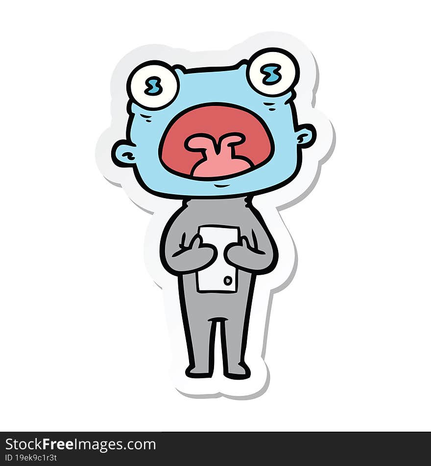 sticker of a cartoon weird alien communicating