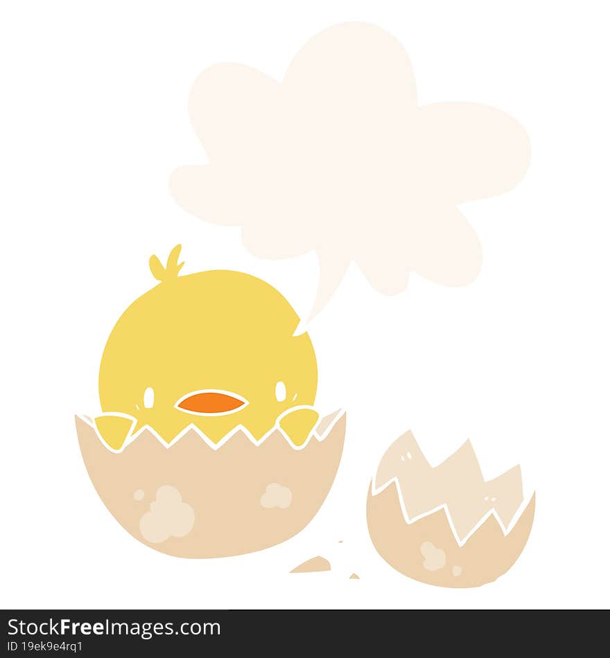 cute cartoon chick hatching from egg and speech bubble in retro style