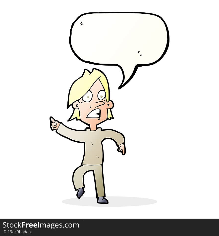 cartoon worried man pointing with speech bubble