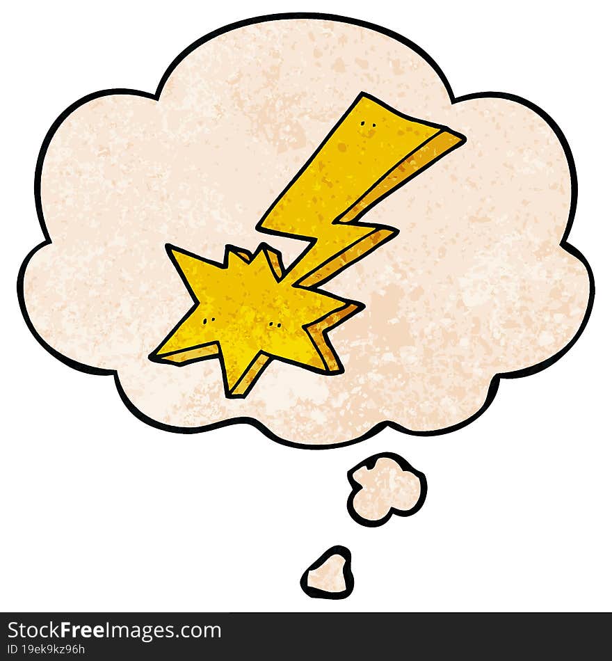 cartoon lightning bolt and thought bubble in grunge texture pattern style