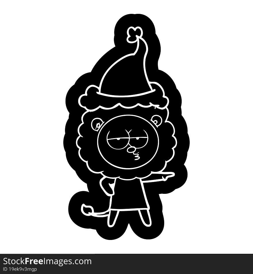 quirky cartoon icon of a bored lion wearing santa hat