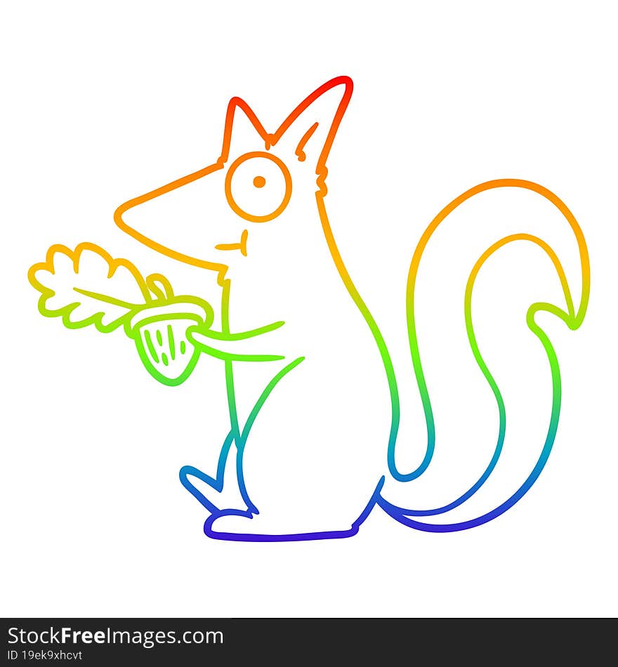 rainbow gradient line drawing cartoon squirrel with acorn