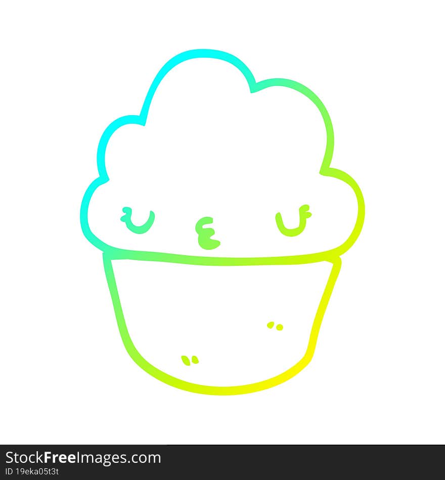 cold gradient line drawing of a cartoon cupcake with face