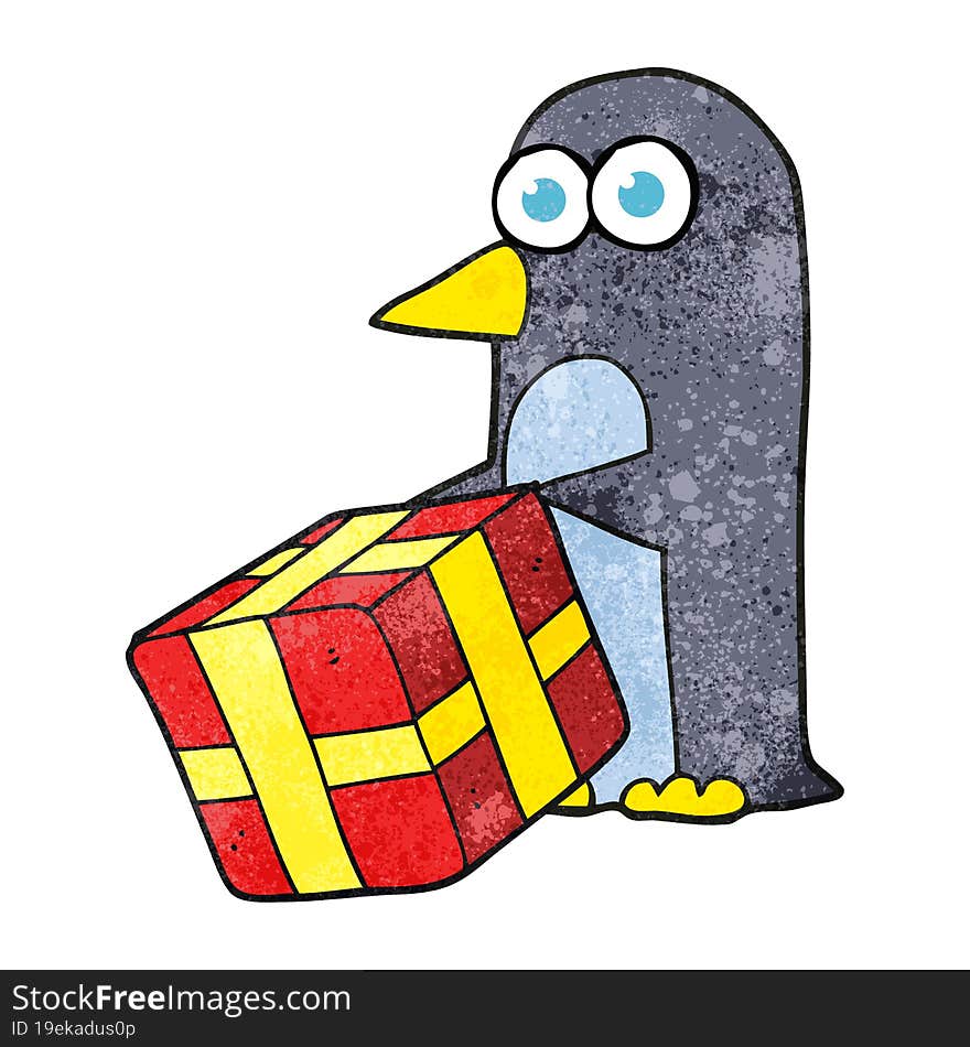 freehand textured cartoon penguin with christmas present