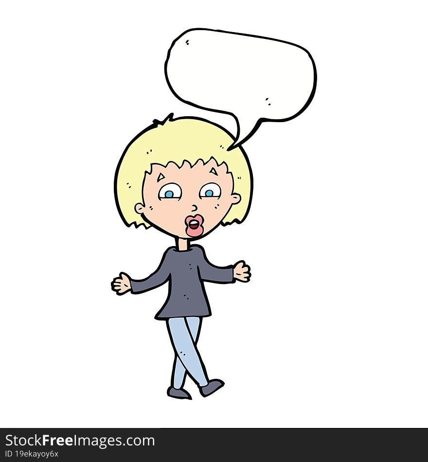 cartoon woman shrugging shoulders with speech bubble